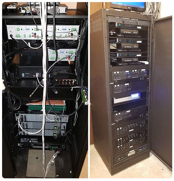 Audio-visual equipment rack showcasing organized components for advanced technology solutions, highlighting SAV Systems' expertise in comprehensive installations for retail environments like Dick's Sporting Goods.