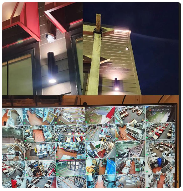 Surveillance camera installation on restaurant exterior with security footage display showing multiple camera views for operational safety and monitoring.
