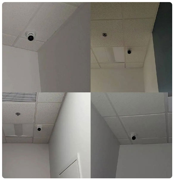 Ceiling-mounted security cameras installed in McDonough Dental Studio, enhancing safety and surveillance for patient care and clinic operations.